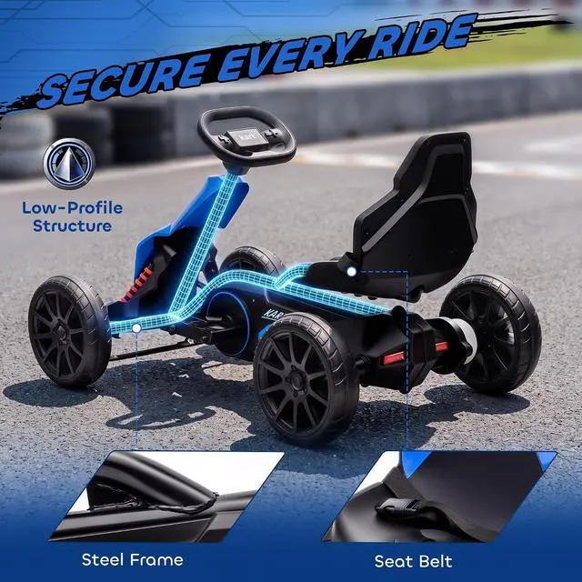 Alt view image 6 of 7 - 12V Electric Go Kart for Kids with Adjustable Seat, 3-8 Years, Blue | Outdoor Ride On Toy Battery Powered with EVA Tires, 2 Speeds, Safety Belt, Forward & Backward Drive
