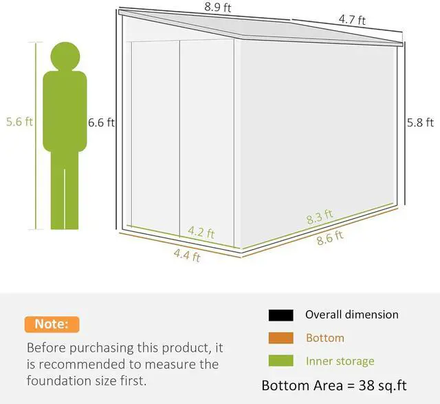Alt view image 6 of 7 - 4.6' x 9' Steel Outdoor Storage Shed Waterproof Lean-to Dark Gray | Metal Garden Tool House, Foundation Kit, Lockable Doors, Gloves, 2 Air Vents, Backyard Patio Lawn