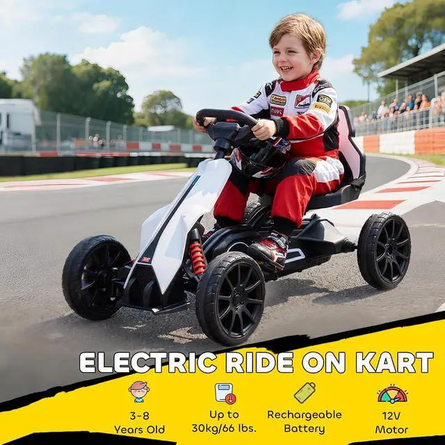 Alt view image 3 of 7 - 12V Electric Go Kart for Kids with Adjustable Seat, 3-8 Years, White | Outdoor Ride On Toy Battery Powered with EVA Tires, 2 Speeds, Safety Belt, Forward & Backward Drive