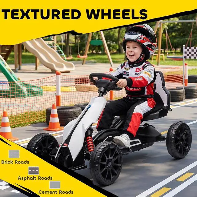 Alt view image 6 of 7 - 12V Electric Go Kart for Kids with Adjustable Seat, 3-8 Years, White | Outdoor Ride On Toy Battery Powered with EVA Tires, 2 Speeds, Safety Belt, Forward & Backward Drive