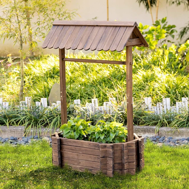 Alt view image 2 of 7 - Wishing Well Planter Wooden Raised Garden Bed for Outdoor Garden | Ornamental Outdoor Flower Planter, Yard, Lawn, Home Decor