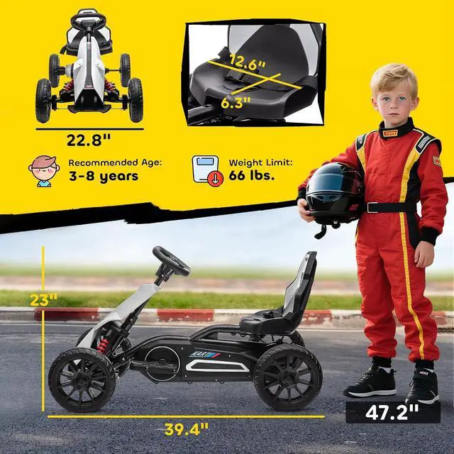 Alt view image 7 of 7 - 12V Electric Go Kart for Kids with Adjustable Seat, 3-8 Years, White | Outdoor Ride On Toy Battery Powered with EVA Tires, 2 Speeds, Safety Belt, Forward & Backward Drive