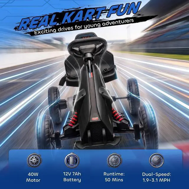 Alt view image 3 of 7 - 12V Electric Go Kart for Kids with Adjustable Seat, 3-8 Years, Black | Outdoor Ride On Toy Battery Powered with EVA Tires, 2 Speeds, Safety Belt, Forward & Backward Drive