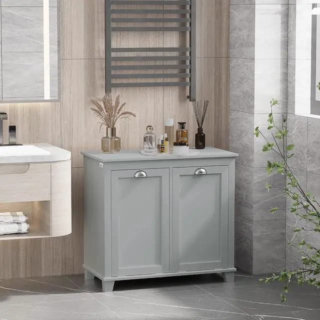 Alt view image 2 of 7 - Dual Tilt Out Laundry Hamper Cabinet Bathroom Storage Cabinet Gray | 2-Compartment Hamper, Modern, for Washroom