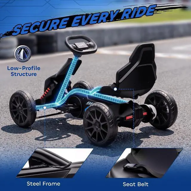 Alt view image 6 of 7 - 12V Electric Go Kart for Kids with Adjustable Seat, 3-8 Years, Black | Outdoor Ride On Toy Battery Powered with EVA Tires, 2 Speeds, Safety Belt, Forward & Backward Drive