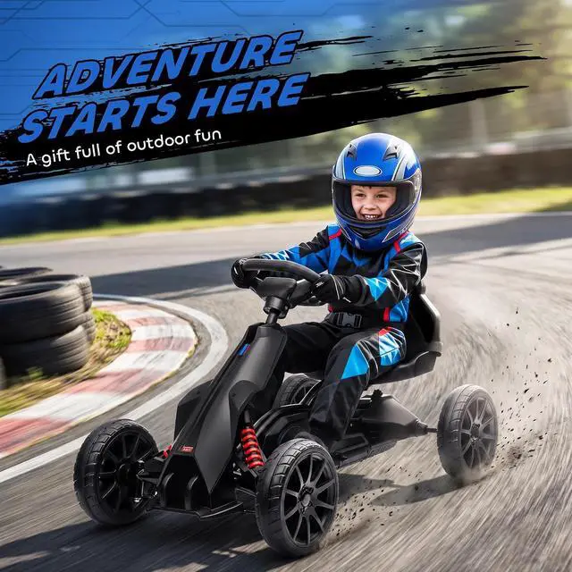 Alt view image 7 of 7 - 12V Electric Go Kart for Kids with Adjustable Seat, 3-8 Years, Black | Outdoor Ride On Toy Battery Powered with EVA Tires, 2 Speeds, Safety Belt, Forward & Backward Drive
