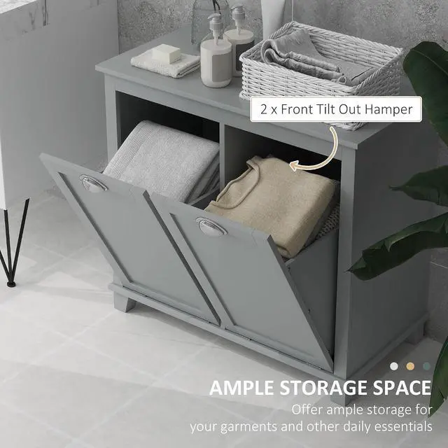Alt view image 4 of 7 - Dual Tilt Out Laundry Hamper Cabinet Bathroom Storage Cabinet Gray | 2-Compartment Hamper, Modern, for Washroom