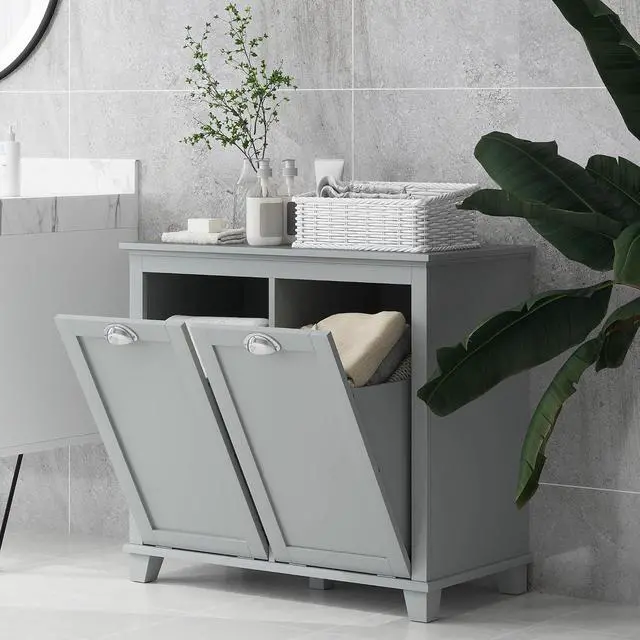 Alt view image 7 of 7 - Dual Tilt Out Laundry Hamper Cabinet Bathroom Storage Cabinet Gray | 2-Compartment Hamper, Modern, for Washroom
