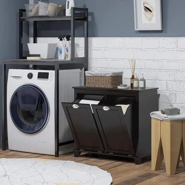 Alt view image 2 of 7 - Dual Tilt Out Laundry Hamper Cabinet Bathroom Storage Cabinet Black | 2-Compartment Hamper, Modern, for Washroom