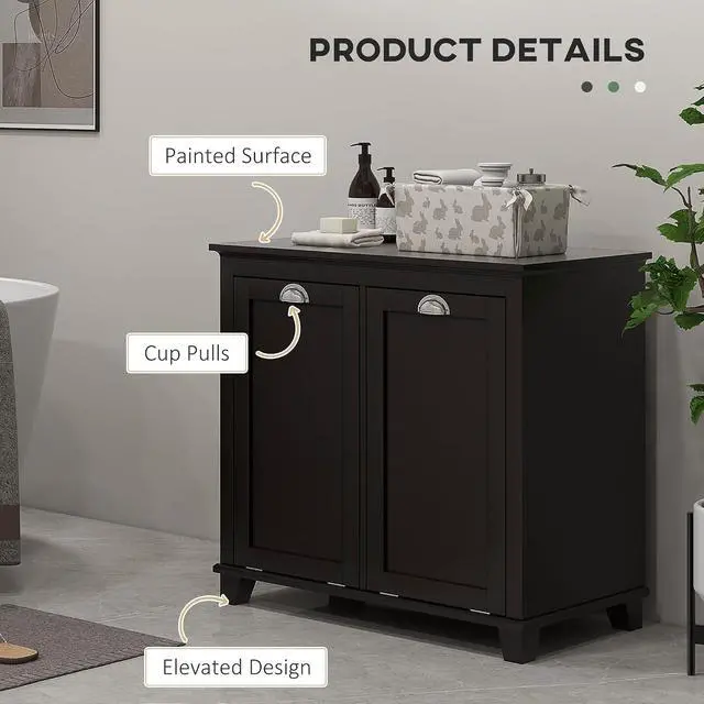 Alt view image 5 of 7 - Dual Tilt Out Laundry Hamper Cabinet Bathroom Storage Cabinet Black | 2-Compartment Hamper, Modern, for Washroom
