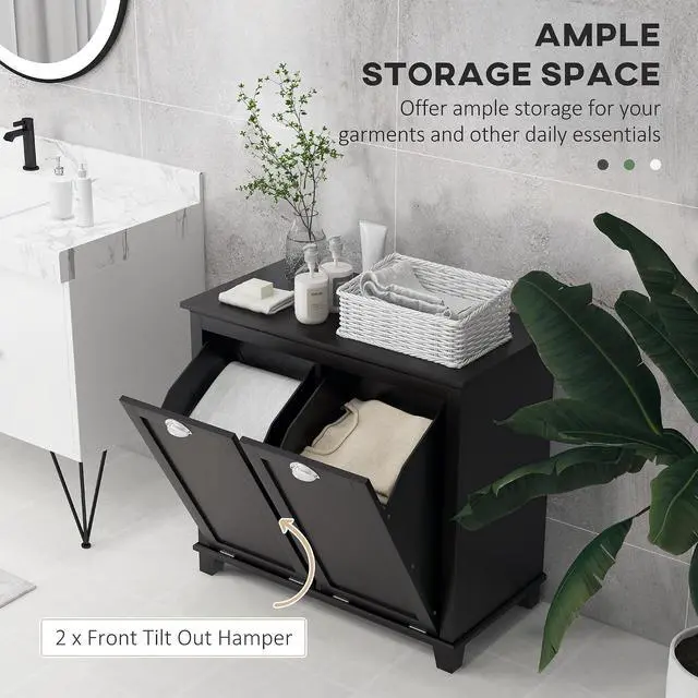 Alt view image 4 of 7 - Dual Tilt Out Laundry Hamper Cabinet Bathroom Storage Cabinet Black | 2-Compartment Hamper, Modern, for Washroom