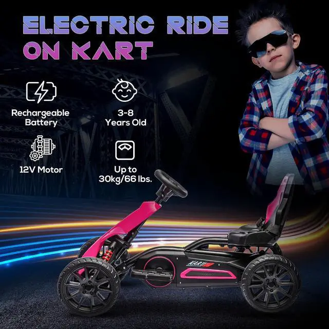 Alt view image 3 of 7 - 12V Electric Go Kart for Kids with Adjustable Seat, 3-8 Years, Pink | Outdoor Ride On Toy Battery Powered with EVA Tires, 2 Speeds, Safety Belt, Forward & Backward Drive