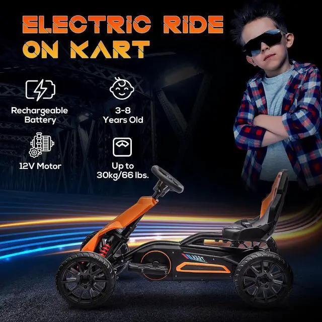 Alt view image 3 of 7 - 12V Electric Go Kart for Kids with Adjustable Seat, 3-8 Years, Orange | Outdoor Ride On Toy Battery Powered with EVA Tires, 2 Speeds, Safety Belt, Forward & Backward Drive