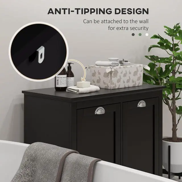 Alt view image 6 of 7 - Dual Tilt Out Laundry Hamper Cabinet Bathroom Storage Cabinet Black | 2-Compartment Hamper, Modern, for Washroom
