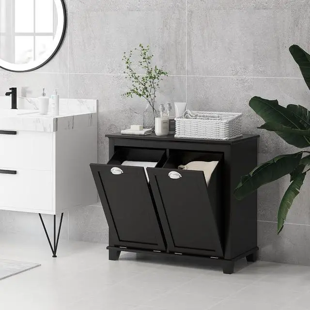 Alt view image 7 of 7 - Dual Tilt Out Laundry Hamper Cabinet Bathroom Storage Cabinet Black | 2-Compartment Hamper, Modern, for Washroom