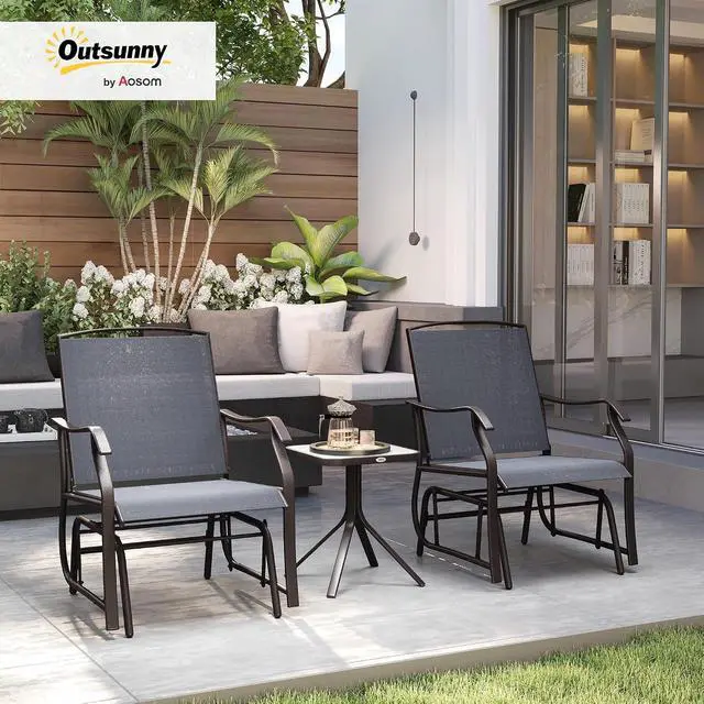 Alt view image 2 of 7 - 3 Piece Outdoor Glider Chair Coffee Table Bistro Set Gray | 2 Patio Rocking Swing Chairs, Breathable Sling Fabric, Glass Tabletop, for Backyard Garden Porch