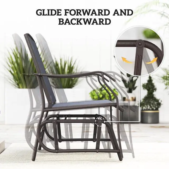 Alt view image 3 of 7 - 3 Piece Outdoor Glider Chair Coffee Table Bistro Set Gray | 2 Patio Rocking Swing Chairs, Breathable Sling Fabric, Glass Tabletop, for Backyard Garden Porch