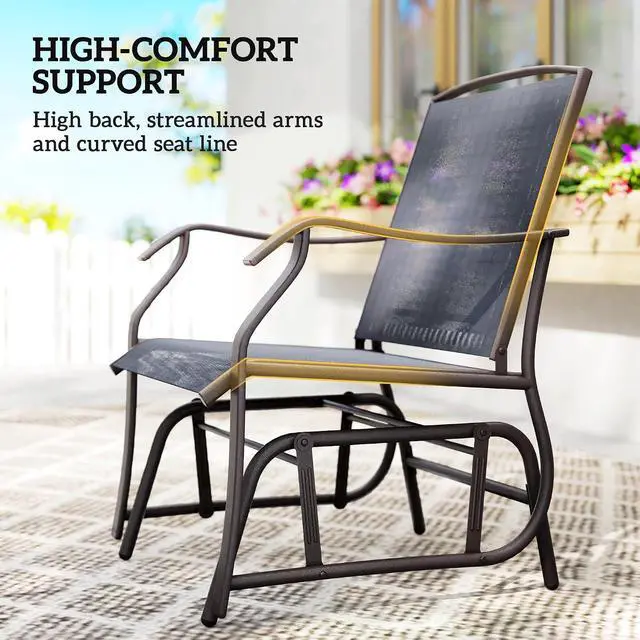 Alt view image 6 of 7 - 3 Piece Outdoor Glider Chair Coffee Table Bistro Set Gray | 2 Patio Rocking Swing Chairs, Breathable Sling Fabric, Glass Tabletop, for Backyard Garden Porch