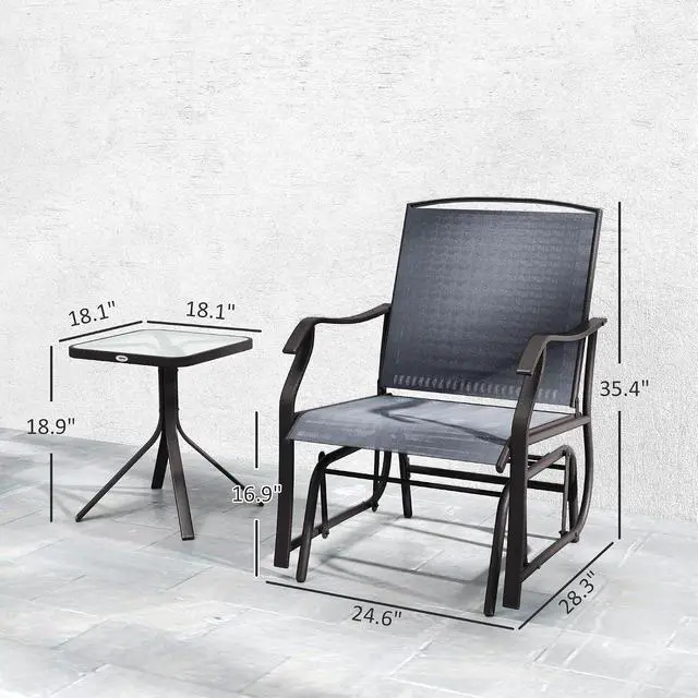 Alt view image 7 of 7 - 3 Piece Outdoor Glider Chair Coffee Table Bistro Set Gray | 2 Patio Rocking Swing Chairs, Breathable Sling Fabric, Glass Tabletop, for Backyard Garden Porch