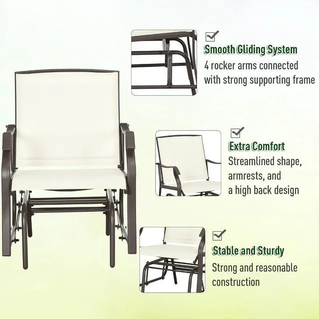Alt view image 4 of 7 - 3 Piece Outdoor Glider Chair Coffee Table Bistro Set Cream White | 2 Patio Rocking Swing Chairs, Breathable Sling Fabric, Glass Tabletop, for Backyard Garden Porch