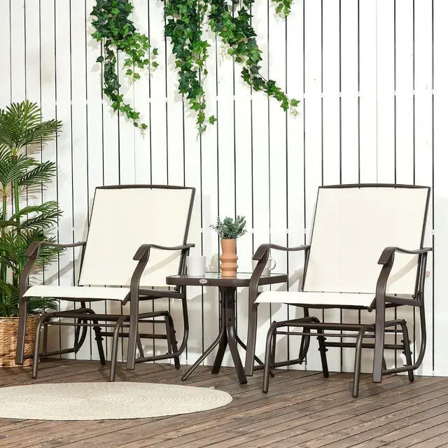 Alt view image 2 of 7 - 3 Piece Outdoor Glider Chair Coffee Table Bistro Set Cream White | 2 Patio Rocking Swing Chairs, Breathable Sling Fabric, Glass Tabletop, for Backyard Garden Porch