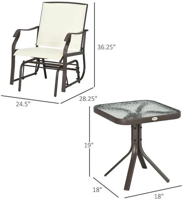 Alt view image 7 of 7 - 3 Piece Outdoor Glider Chair Coffee Table Bistro Set Cream White | 2 Patio Rocking Swing Chairs, Breathable Sling Fabric, Glass Tabletop, for Backyard Garden Porch