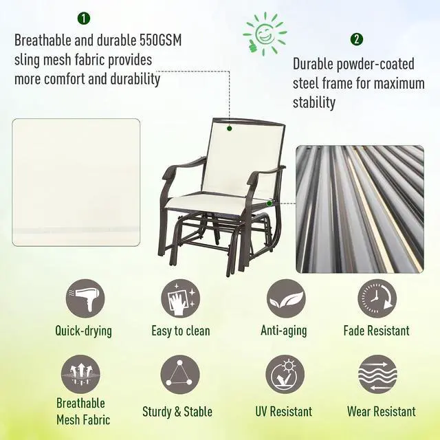 Alt view image 6 of 7 - 3 Piece Outdoor Glider Chair Coffee Table Bistro Set Cream White | 2 Patio Rocking Swing Chairs, Breathable Sling Fabric, Glass Tabletop, for Backyard Garden Porch