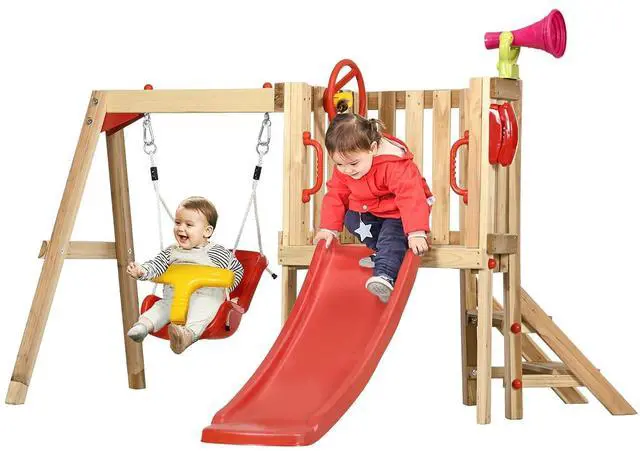 Main image of Swing Set for Backyard Wooden Toddler Playset Ages 1.5-4 Red | Outdoor Playset, Baby Swing Seat, Kids Slide, Fort, Captain's Wheel, Telescope, Playground Equipment