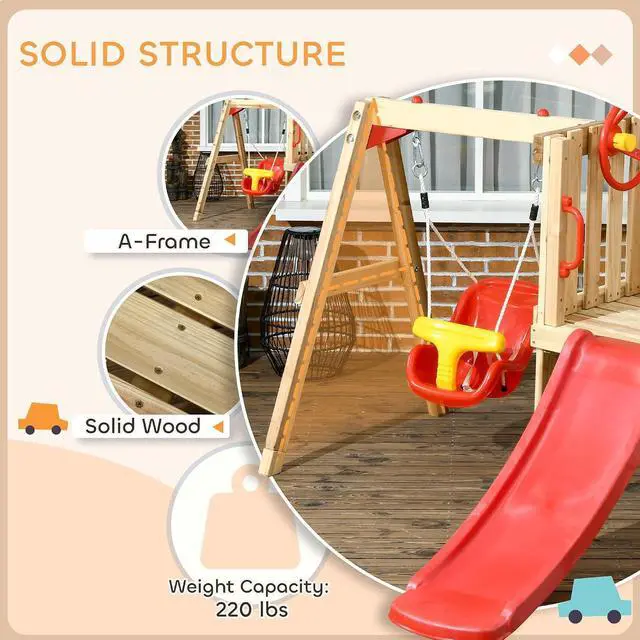 Alt view image 3 of 7 - Swing Set for Backyard Wooden Toddler Playset Ages 1.5-4 Red | Outdoor Playset, Baby Swing Seat, Kids Slide, Fort, Captain's Wheel, Telescope, Playground Equipment