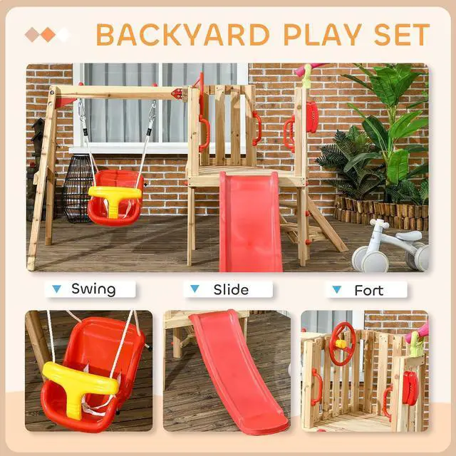 Alt view image 2 of 7 - Swing Set for Backyard Wooden Toddler Playset Ages 1.5-4 Red | Outdoor Playset, Baby Swing Seat, Kids Slide, Fort, Captain's Wheel, Telescope, Playground Equipment