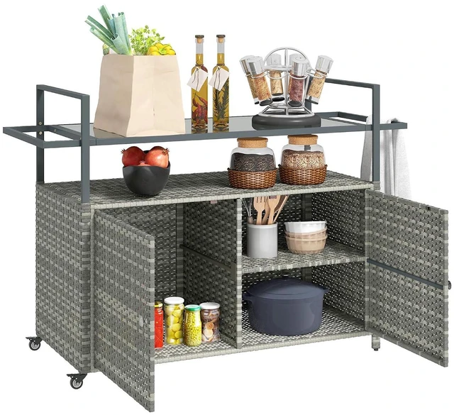 Main image of PE Rattan Outdoor Storage Cabinet, Wicker Outdoor Bar Table Kitchen Island with Wheels & 2-Tier Shelf, Patio Serving Cart with Glass Top, Handles, Towel Racks for Poolside, Mixed Gray
