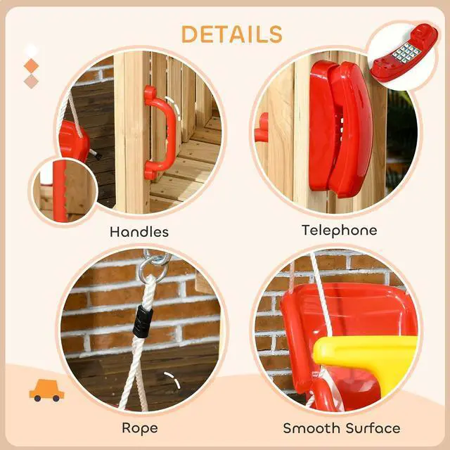 Alt view image 5 of 7 - Swing Set for Backyard Wooden Toddler Playset Ages 1.5-4 Red | Outdoor Playset, Baby Swing Seat, Kids Slide, Fort, Captain's Wheel, Telescope, Playground Equipment