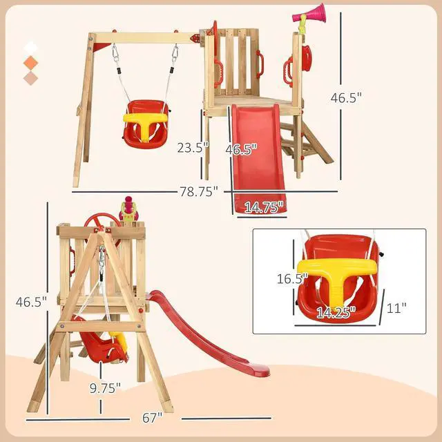 Alt view image 6 of 7 - Swing Set for Backyard Wooden Toddler Playset Ages 1.5-4 Red | Outdoor Playset, Baby Swing Seat, Kids Slide, Fort, Captain's Wheel, Telescope, Playground Equipment