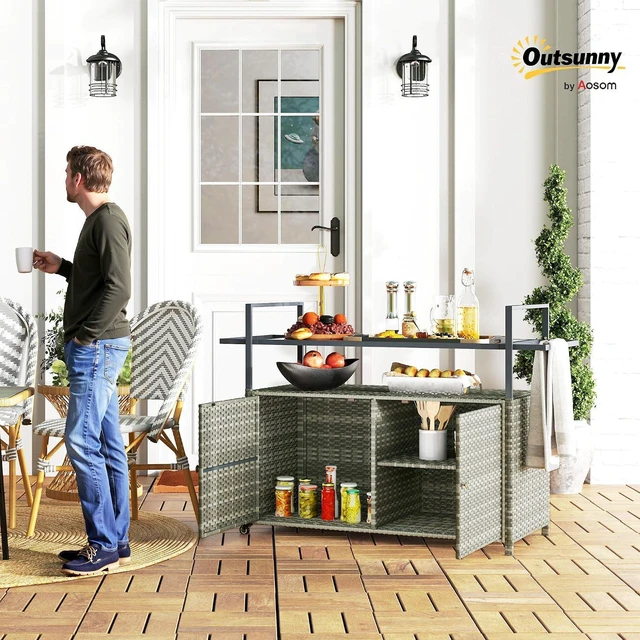 Alt view image 2 of 7 - PE Rattan Outdoor Storage Cabinet, Wicker Outdoor Bar Table Kitchen Island with Wheels & 2-Tier Shelf, Patio Serving Cart with Glass Top, Handles, Towel Racks for Poolside, Mixed Gray