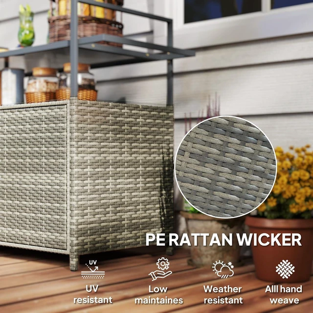 Alt view image 4 of 7 - PE Rattan Outdoor Storage Cabinet, Wicker Outdoor Bar Table Kitchen Island with Wheels & 2-Tier Shelf, Patio Serving Cart with Glass Top, Handles, Towel Racks for Poolside, Mixed Gray