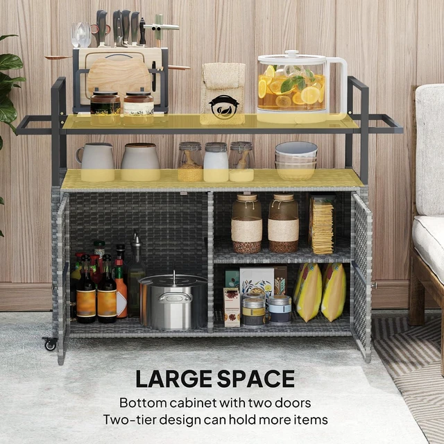 Alt view image 5 of 7 - PE Rattan Outdoor Storage Cabinet, Wicker Outdoor Bar Table Kitchen Island with Wheels & 2-Tier Shelf, Patio Serving Cart with Glass Top, Handles, Towel Racks for Poolside, Mixed Gray