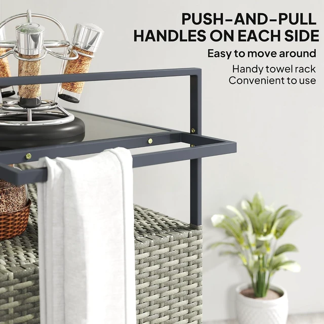 Alt view image 6 of 7 - PE Rattan Outdoor Storage Cabinet, Wicker Outdoor Bar Table Kitchen Island with Wheels & 2-Tier Shelf, Patio Serving Cart with Glass Top, Handles, Towel Racks for Poolside, Mixed Gray