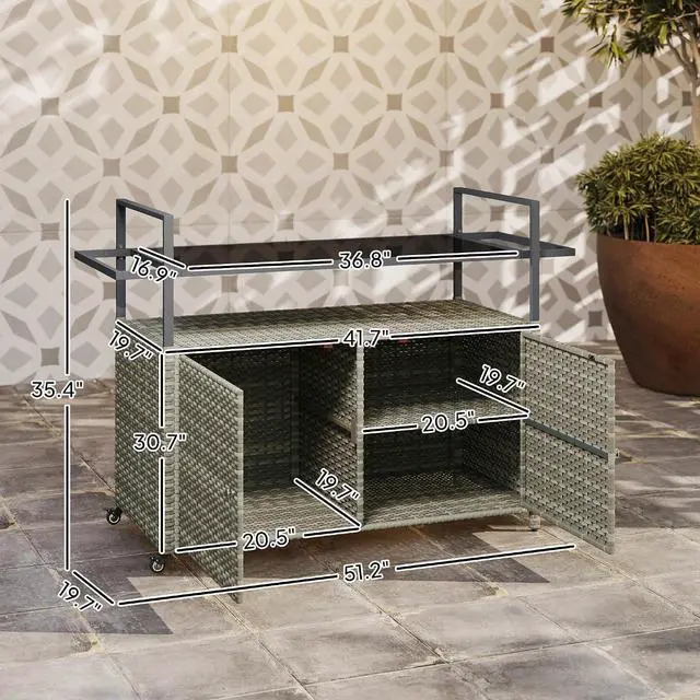 Alt view image 7 of 7 - PE Rattan Outdoor Storage Cabinet, Wicker Outdoor Bar Table Kitchen Island with Wheels & 2-Tier Shelf, Patio Serving Cart with Glass Top, Handles, Towel Racks for Poolside, Mixed Gray