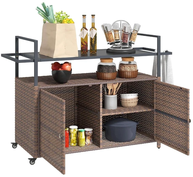 Main image of PE Rattan Outdoor Storage Cabinet, Wicker Outdoor Bar Table Kitchen Island with Wheels & 2-Tier Shelf, Patio Serving Cart with Glass Top, Handles, Towel Racks for Poolside, Mixed Brown