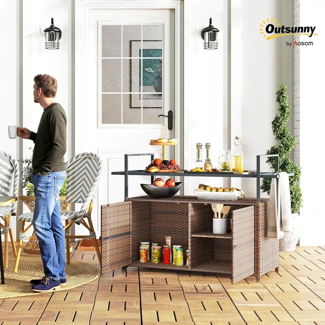 Alt view image 2 of 7 - PE Rattan Outdoor Storage Cabinet, Wicker Outdoor Bar Table Kitchen Island with Wheels & 2-Tier Shelf, Patio Serving Cart with Glass Top, Handles, Towel Racks for Poolside, Mixed Brown