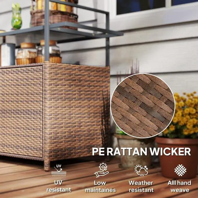 Alt view image 4 of 7 - PE Rattan Outdoor Storage Cabinet, Wicker Outdoor Bar Table Kitchen Island with Wheels & 2-Tier Shelf, Patio Serving Cart with Glass Top, Handles, Towel Racks for Poolside, Mixed Brown