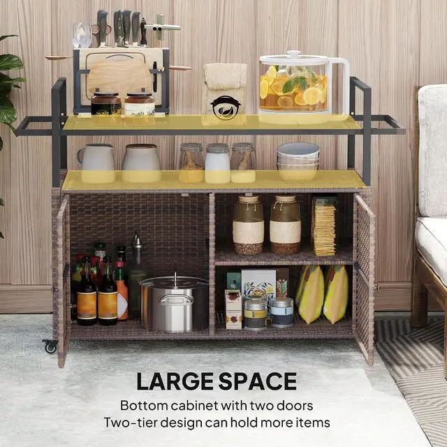 Alt view image 5 of 7 - PE Rattan Outdoor Storage Cabinet, Wicker Outdoor Bar Table Kitchen Island with Wheels & 2-Tier Shelf, Patio Serving Cart with Glass Top, Handles, Towel Racks for Poolside, Mixed Brown