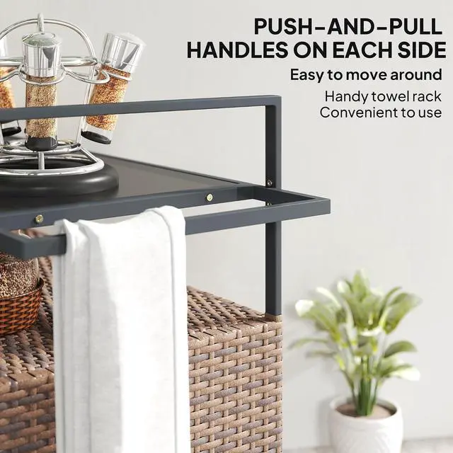 Alt view image 6 of 7 - PE Rattan Outdoor Storage Cabinet, Wicker Outdoor Bar Table Kitchen Island with Wheels & 2-Tier Shelf, Patio Serving Cart with Glass Top, Handles, Towel Racks for Poolside, Mixed Brown