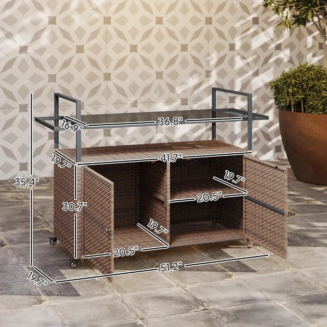 Alt view image 7 of 7 - PE Rattan Outdoor Storage Cabinet, Wicker Outdoor Bar Table Kitchen Island with Wheels & 2-Tier Shelf, Patio Serving Cart with Glass Top, Handles, Towel Racks for Poolside, Mixed Brown