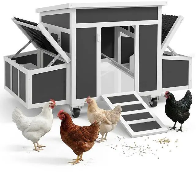 Main image of PawHut Wooden Chicken Coop Chicken Tractor w/Wheels for 2-4 Hens | Outdoor Poultry Cage Rabbit Hutch Duck Coop Hen House with Nesting Box, Tray, Windows, Dark Gray