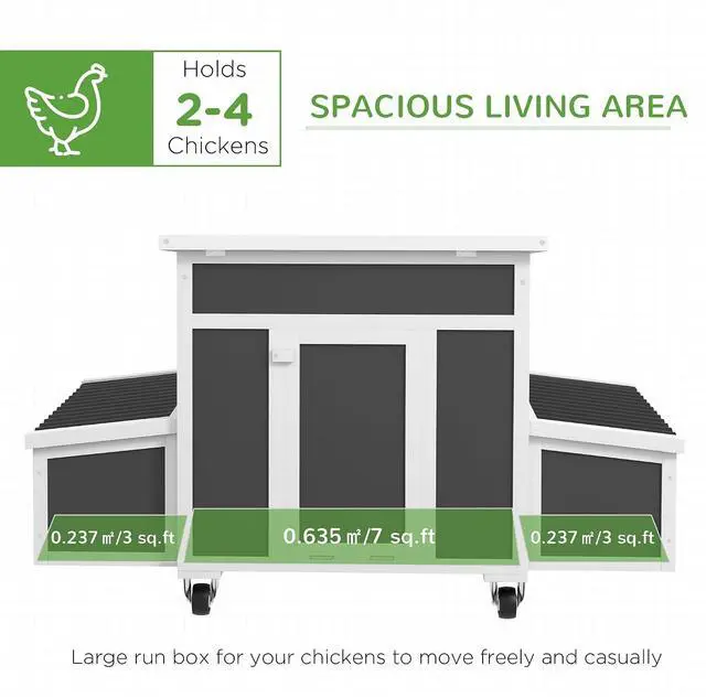 Alt view image 3 of 7 - PawHut Wooden Chicken Coop Chicken Tractor w/Wheels for 2-4 Hens | Outdoor Poultry Cage Rabbit Hutch Duck Coop Hen House with Nesting Box, Tray, Windows, Dark Gray