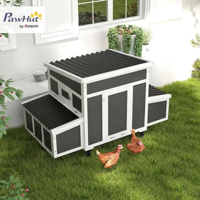 Alt view image 2 of 7 - PawHut Wooden Chicken Coop Chicken Tractor w/Wheels for 2-4 Hens | Outdoor Poultry Cage Rabbit Hutch Duck Coop Hen House with Nesting Box, Tray, Windows, Dark Gray