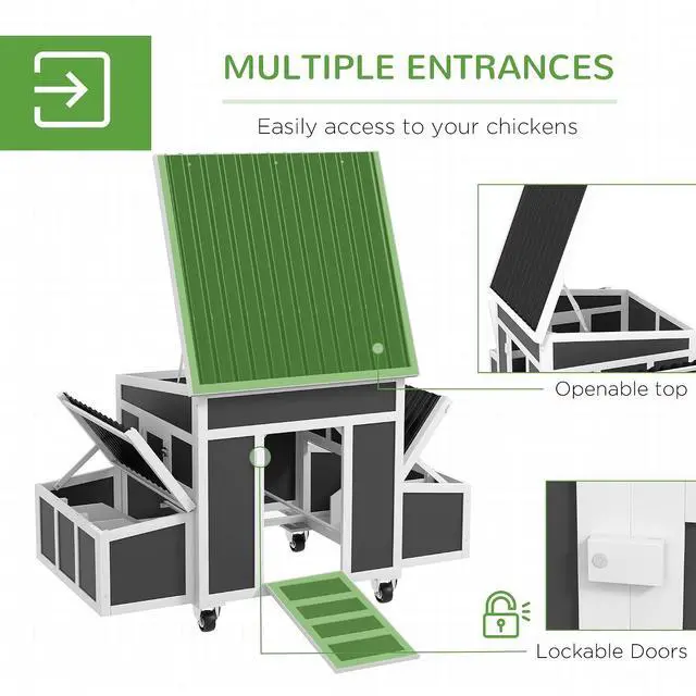 Alt view image 4 of 7 - PawHut Wooden Chicken Coop Chicken Tractor w/Wheels for 2-4 Hens | Outdoor Poultry Cage Rabbit Hutch Duck Coop Hen House with Nesting Box, Tray, Windows, Dark Gray