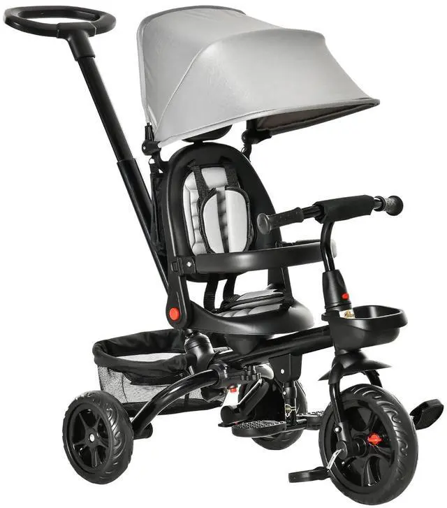 Main image of Qaba Kids Tricycle 5 in 1 Foldable Trike Reversible Seat 1-5 Years Gray | Adjustable Parent Handle, Safety Harness, Wheel Brakes, Removable Canopy, Storage, Tricycle for Toddlers