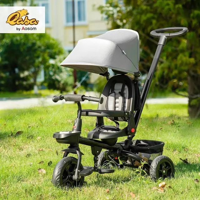 Alt view image 2 of 7 - Qaba Kids Tricycle 5 in 1 Foldable Trike Reversible Seat 1-5 Years Gray | Adjustable Parent Handle, Safety Harness, Wheel Brakes, Removable Canopy, Storage, Tricycle for Toddlers